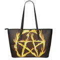 Flaming Pentagram Symbol Print Leather Tote Bag With Zipper