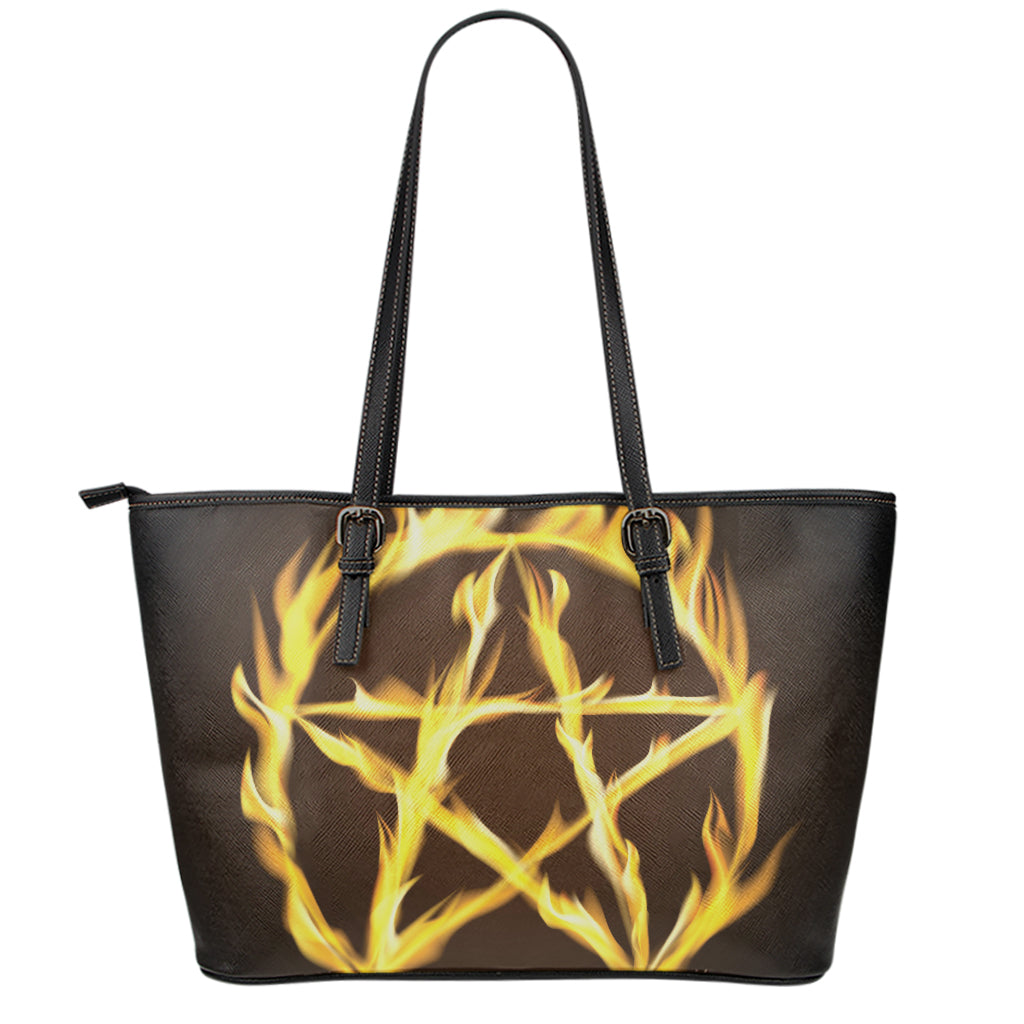 Flaming Pentagram Symbol Print Leather Tote Bag