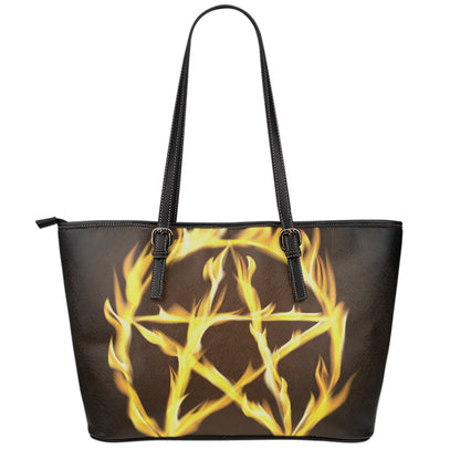 Flaming Pentagram Symbol Print Leather Tote Bag