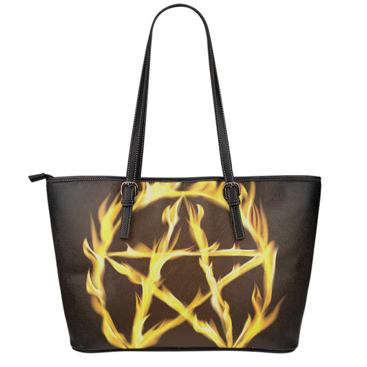 Flaming Pentagram Symbol Print Leather Tote Bag
