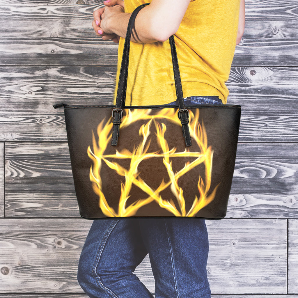 Flaming Pentagram Symbol Print Leather Tote Bag