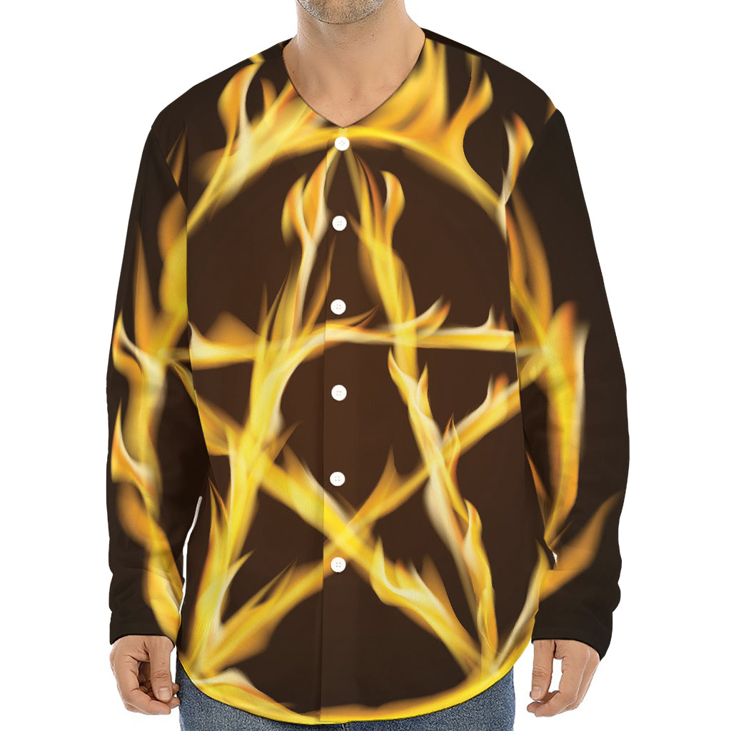 Flaming Pentagram Symbol Print Long Sleeve Baseball Jersey