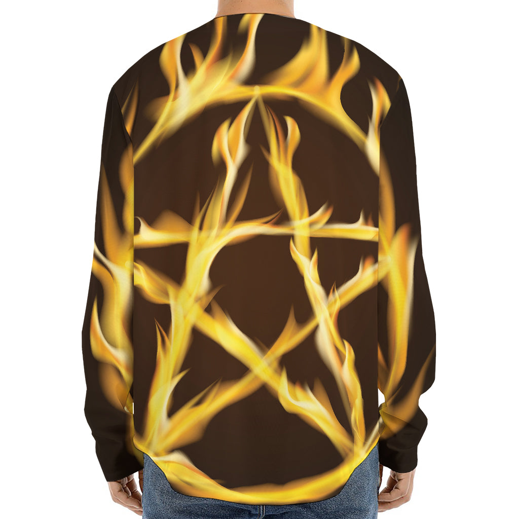 Flaming Pentagram Symbol Print Long Sleeve Baseball Jersey