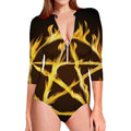 Flaming Pentagram Symbol Print Long Sleeve Swimsuit