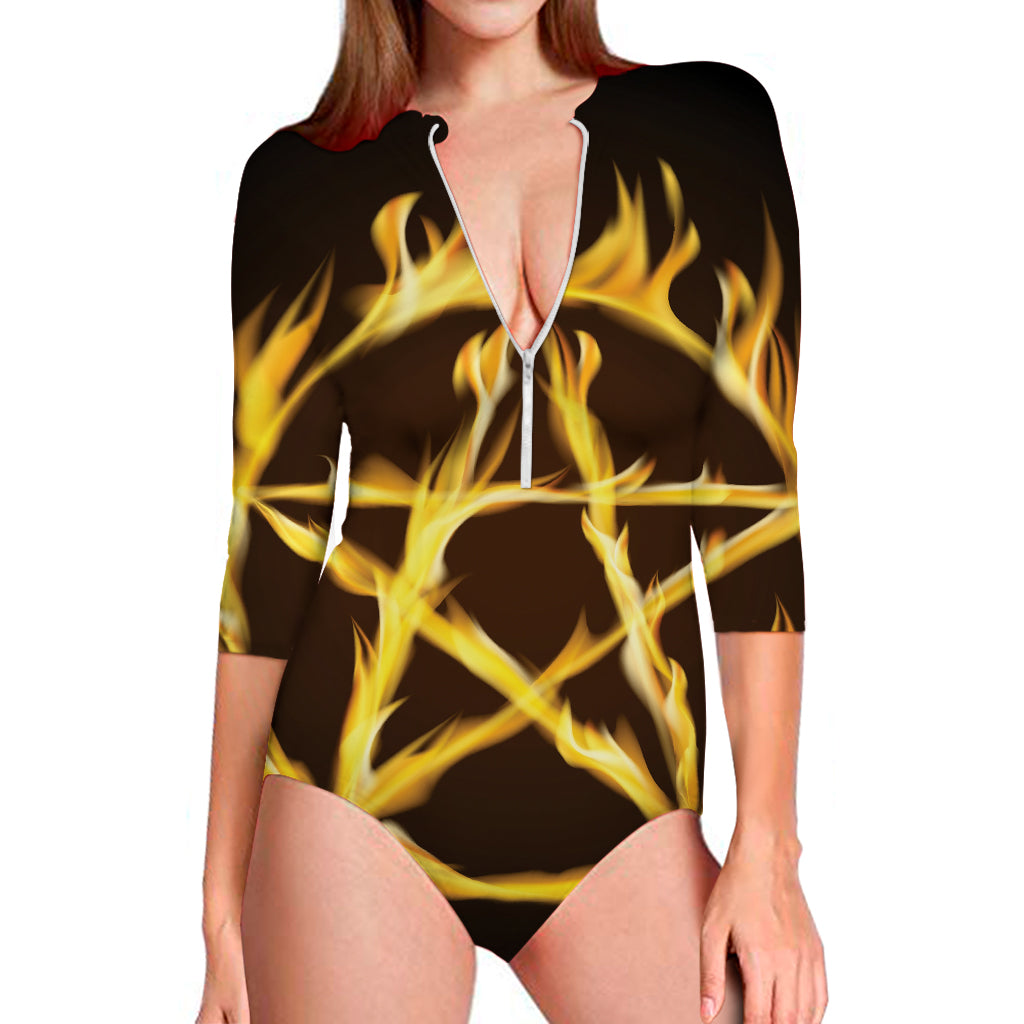 Flaming Pentagram Symbol Print Long Sleeve Swimsuit