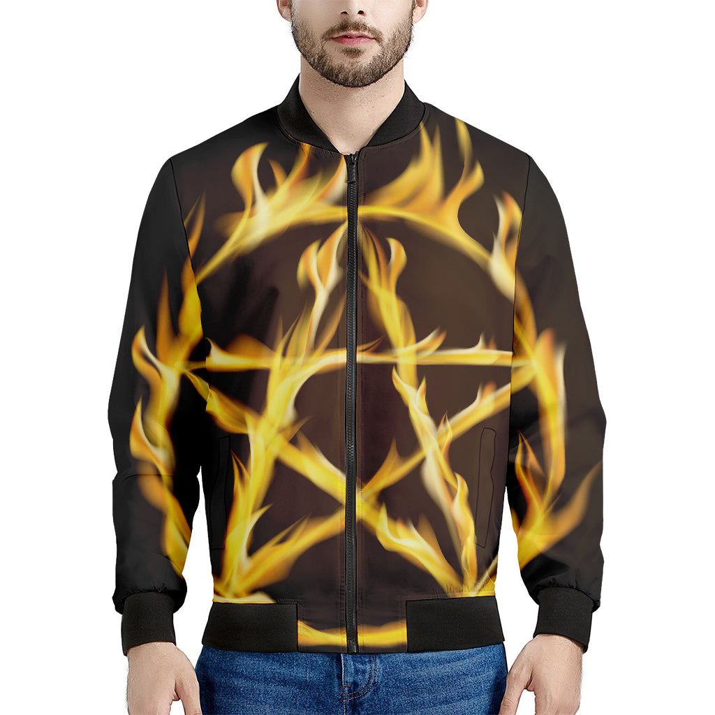 Flaming Pentagram Symbol Print Men's Bomber Jacket