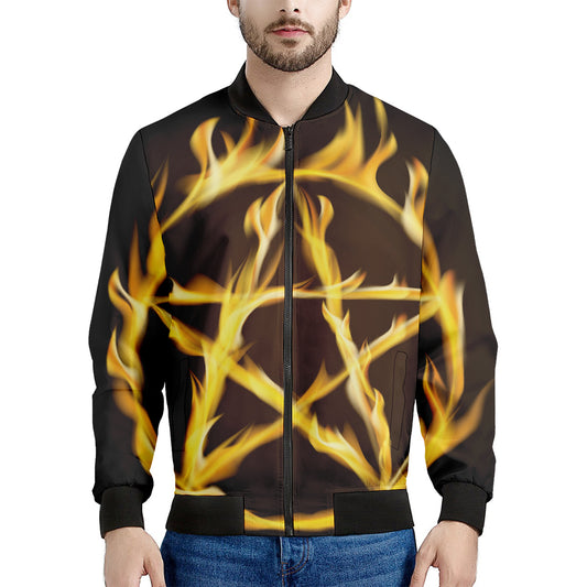 Flaming Pentagram Symbol Print Men's Bomber Jacket