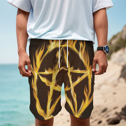 Flaming Pentagram Symbol Print Men's Cargo Shorts