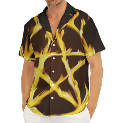 Flaming Pentagram Symbol Print Men's Deep V-Neck Shirt