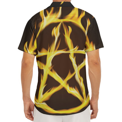 Flaming Pentagram Symbol Print Men's Deep V-Neck Shirt