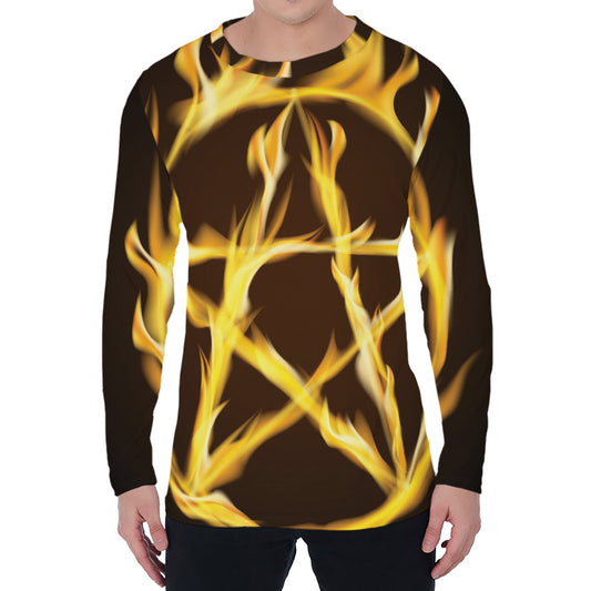 Flaming Pentagram Symbol Print Men's Long Sleeve T-Shirt