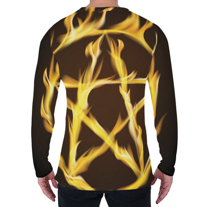 Flaming Pentagram Symbol Print Men's Long Sleeve T-Shirt