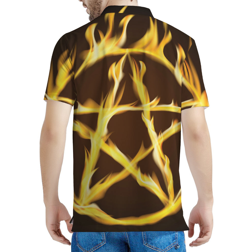 Flaming Pentagram Symbol Print Men's Polo Shirt