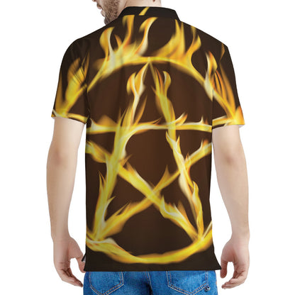 Flaming Pentagram Symbol Print Men's Polo Shirt