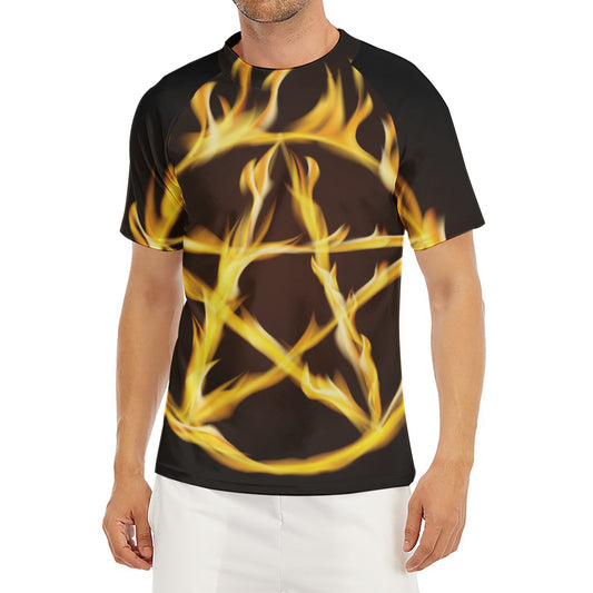 Flaming Pentagram Symbol Print Men's Short Sleeve Rash Guard