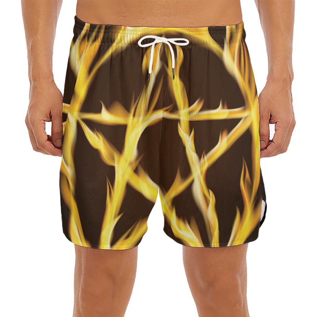 Flaming Pentagram Symbol Print Men's Split Running Shorts