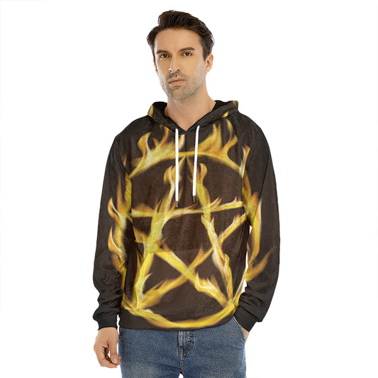 Flaming Pentagram Symbol Print Men's Velvet Pullover Hoodie