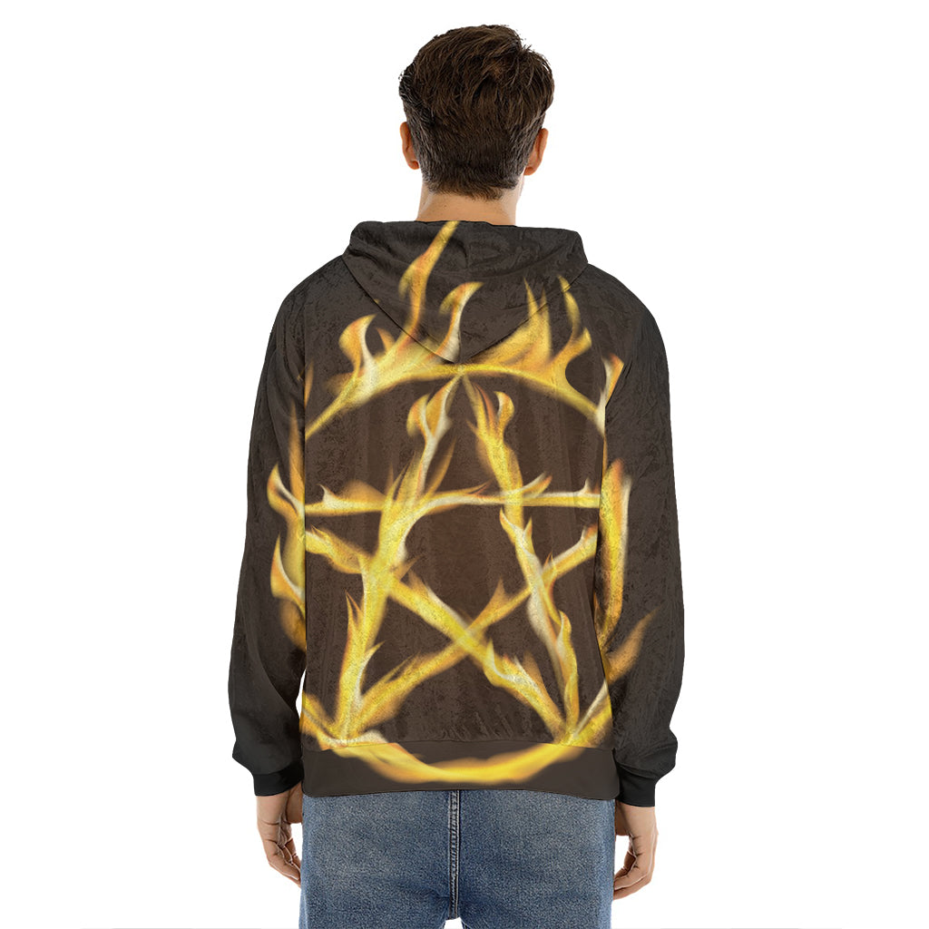 Flaming Pentagram Symbol Print Men's Velvet Pullover Hoodie