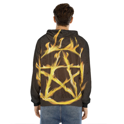 Flaming Pentagram Symbol Print Men's Velvet Pullover Hoodie