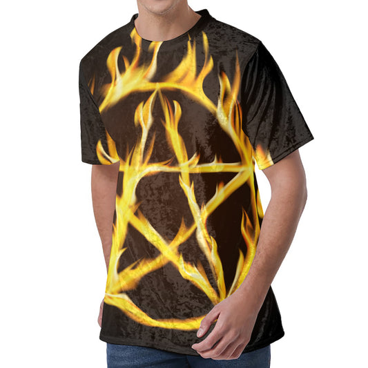 Flaming Pentagram Symbol Print Men's Velvet T-Shirt