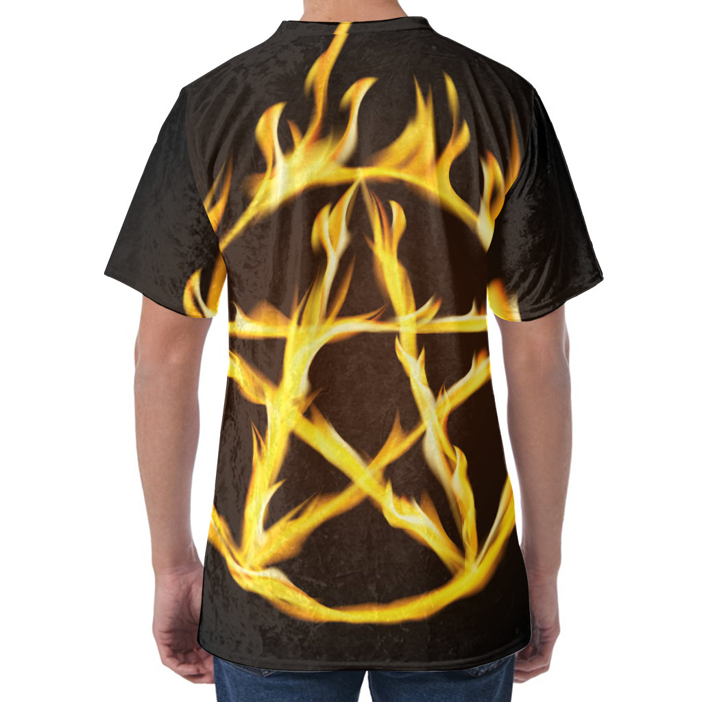 Flaming Pentagram Symbol Print Men's Velvet T-Shirt