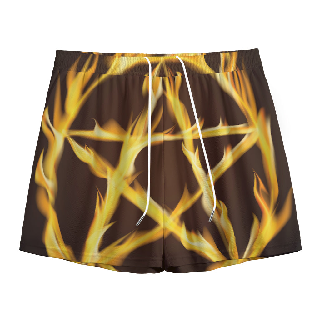 Flaming Pentagram Symbol Print Mesh Shorts