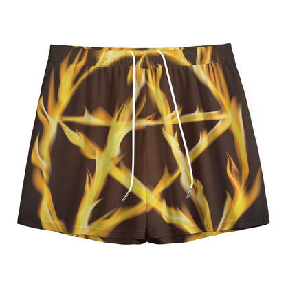 Flaming Pentagram Symbol Print Mesh Shorts