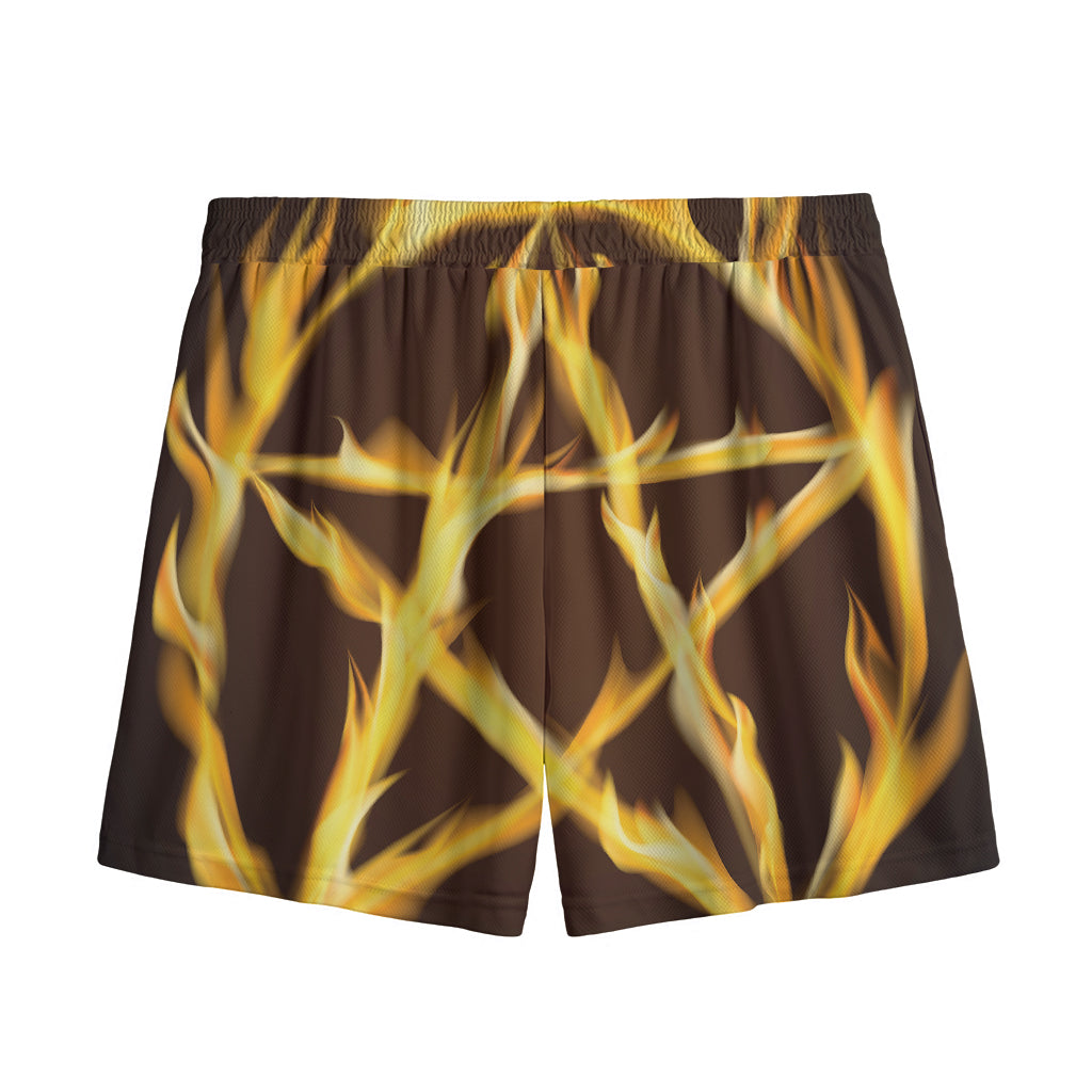 Flaming Pentagram Symbol Print Mesh Shorts