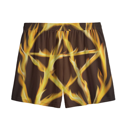 Flaming Pentagram Symbol Print Mesh Shorts