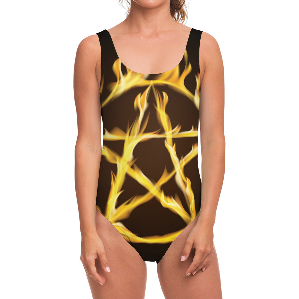Flaming Pentagram Symbol Print One Piece Swimsuit