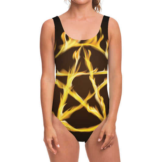 Flaming Pentagram Symbol Print One Piece Swimsuit