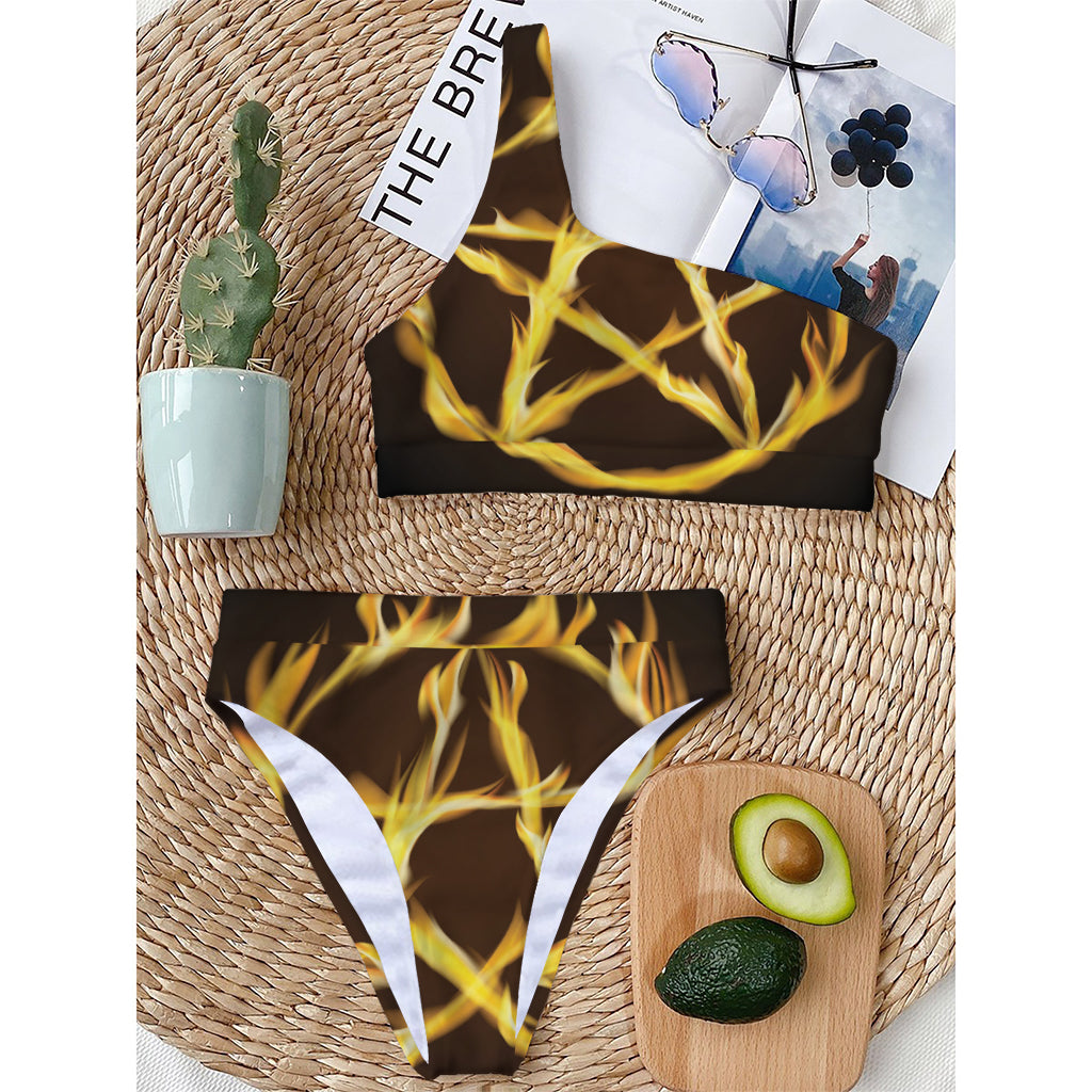 Flaming Pentagram Symbol Print One Shoulder Bikini Top