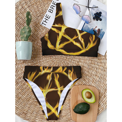 Flaming Pentagram Symbol Print One Shoulder Bikini Top