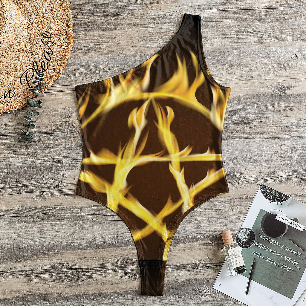 Flaming Pentagram Symbol Print One Shoulder Bodysuit