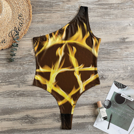 Flaming Pentagram Symbol Print One Shoulder Bodysuit
