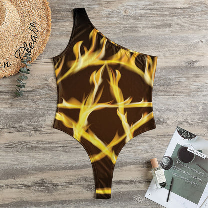 Flaming Pentagram Symbol Print One Shoulder Bodysuit