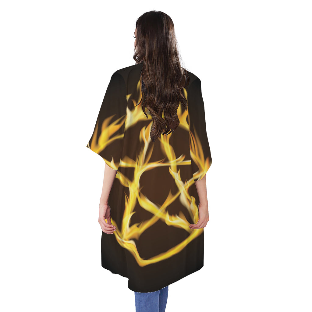 Flaming Pentagram Symbol Print Open Front Beach Cover Up