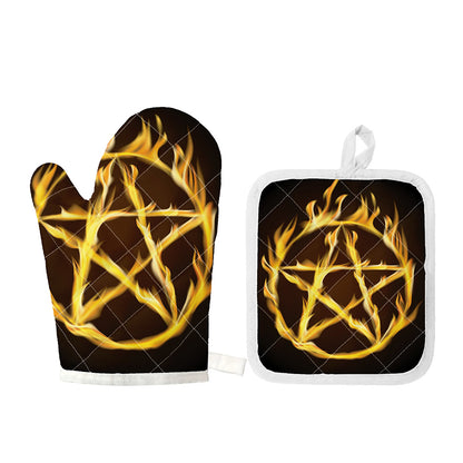Flaming Pentagram Symbol Print Oven Mitt And Pot Holder Set