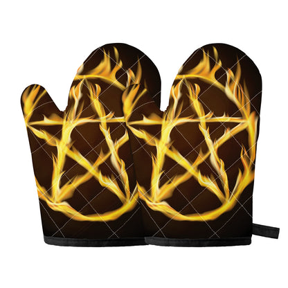 Flaming Pentagram Symbol Print Oven Mitts