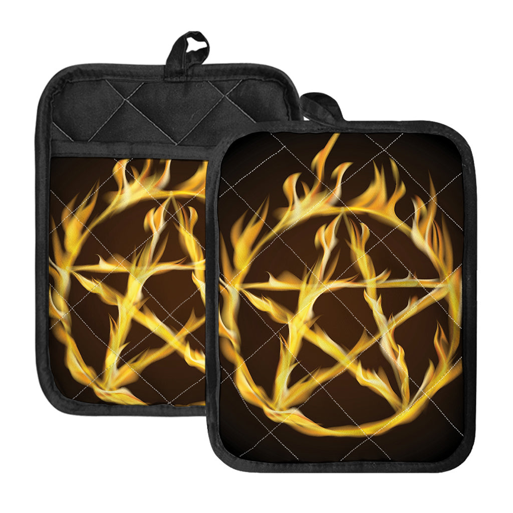 Flaming Pentagram Symbol Print Pot Holders With Pocket