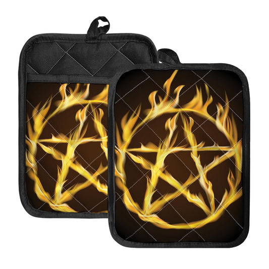 Flaming Pentagram Symbol Print Pot Holders With Pocket