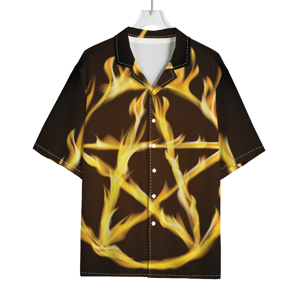 Flaming Pentagram Symbol Print Rayon Hawaiian Shirt