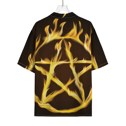 Flaming Pentagram Symbol Print Rayon Hawaiian Shirt