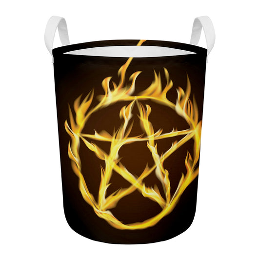 Flaming Pentagram Symbol Print Round Laundry Basket
