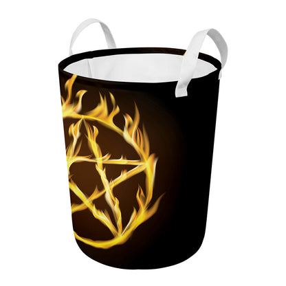 Flaming Pentagram Symbol Print Round Laundry Basket