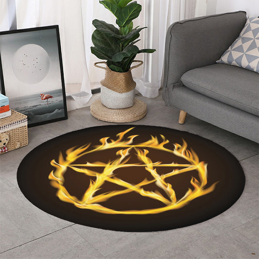 Flaming Pentagram Symbol Print Round Rug