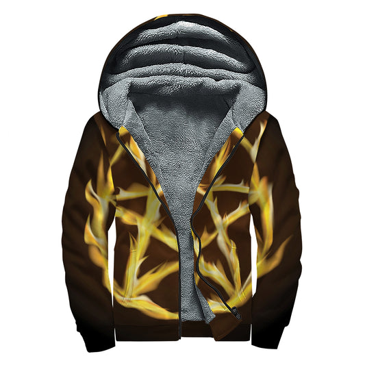 Flaming Pentagram Symbol Print Sherpa Lined Zip Up Hoodie