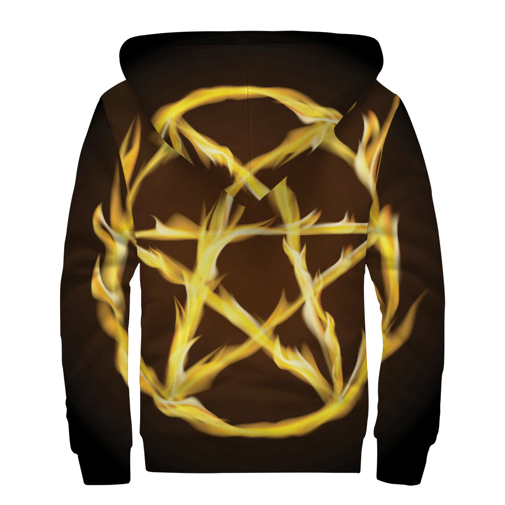 Flaming Pentagram Symbol Print Sherpa Lined Zip Up Hoodie