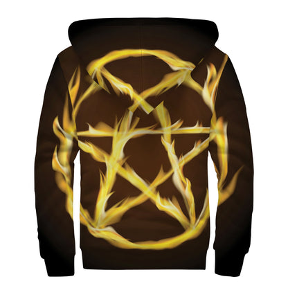 Flaming Pentagram Symbol Print Sherpa Lined Zip Up Hoodie