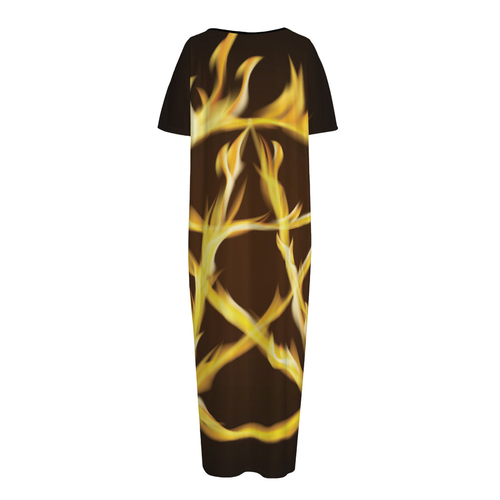 Flaming Pentagram Symbol Print Short Sleeve Long Nightdress